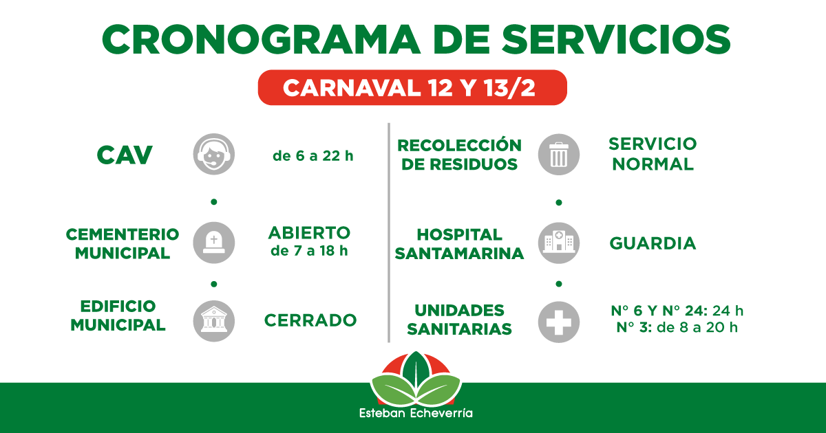 Cronograma de servicios durante los días feriados por carnaval
